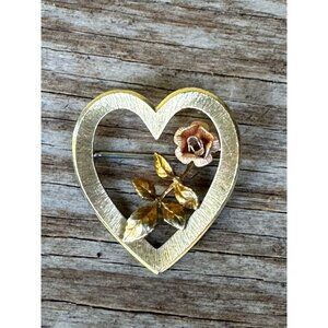 Krementz  Signed  Gold Tone Open Heart Rose  Floral Brooch Pin